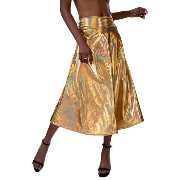 

women mid calf shiny holographic skirts pu laser a line wetlook loose with pocket party club rave festival chic disco ski, Black