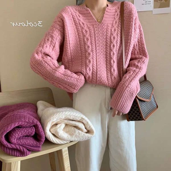 

autumn and winter thickened loose twist sweater female v-neck thin, White;black