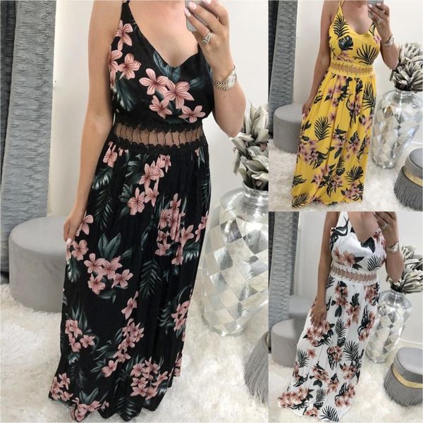 

casual dresses women's lace summer dress sleeveless floral pleated v-neck spaghetti strap floor-length spring female vestidos, Black;gray