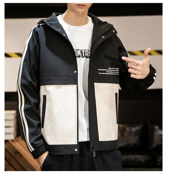

Mens Patchwork Contrast Color Jackets Spring and Autumn Hooded Collar Outerwear with Pockets Long Sleeve Mens Letters Clothes with Zipper, Black