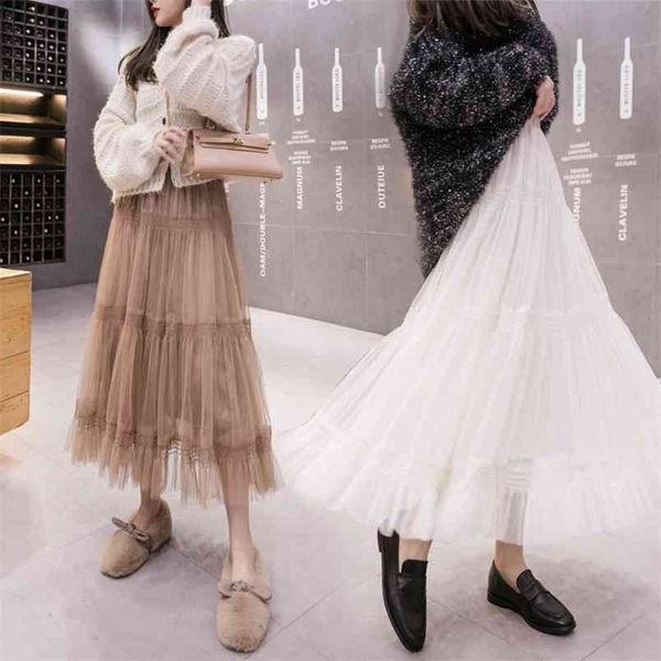 

spring& autumn arrival elastic high waist slim solid color all-match casual women pleated mesh long skirt 210527, Black