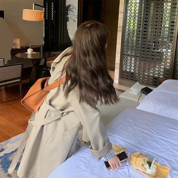 

women's trench coats 2021 khaki windbreaker jacket female spring and autumn retro single-breasted lapel coat casual all-match, Tan;black