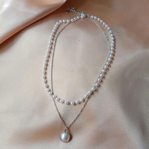 

pendant necklaces korean style double lagered pearl choker necklace fashion collar jewelry women, Silver