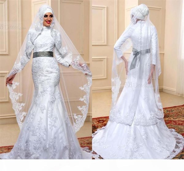 Muslimische Meerjungfrau Brautkleider Braut Kleid 2021 Stufenrock Spitze Applikation Lange Ärmel Band Schleife Perlen Sweep Zug Nach Maß High Neck Vestidos De Novia 401 401