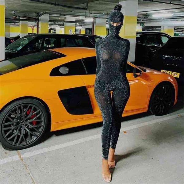 

shiny outstanding bodycon hooded jumpsuit women long sleeve backless fashion streetwear skinny slim female overoll, Black;white