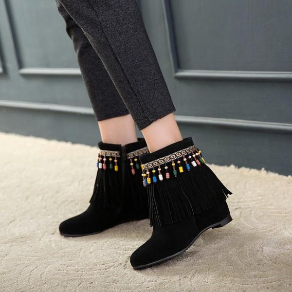 

boots big size sweet national tasseled fashion add high-heeled women's shoes sanded, Black