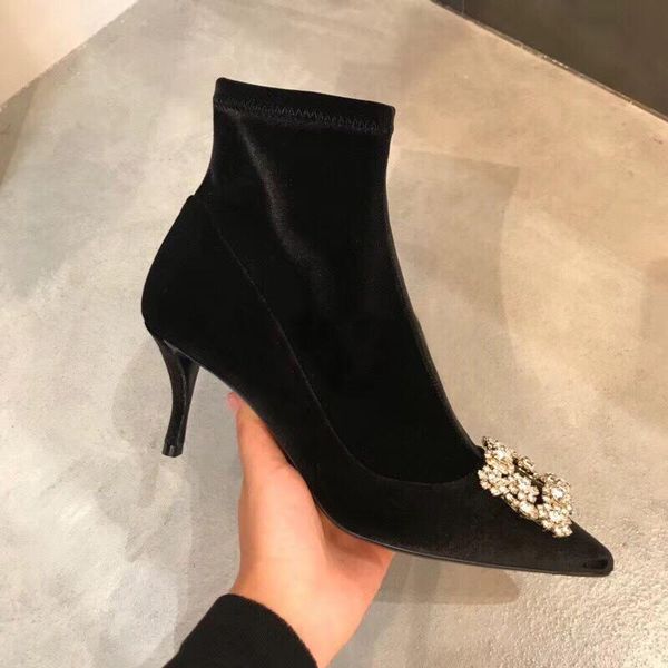 

european station 2021 stiletto high heel rhinestone square buckle short boots pointed black zipper thin socks women