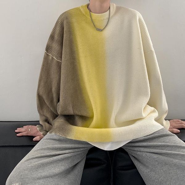 

men's sweaters korean fashion gradient tie-dye crew neck sweater male autumn and winter loose casual patchwork pullover knit for men, White;black