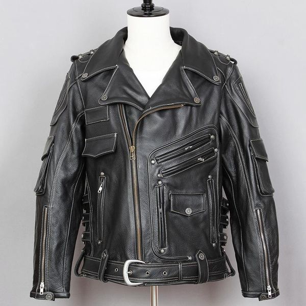 

men's leather & faux 2021 genuine jacket men fashion slim fit profession motorcycle biker turn down collar cowskin real coat, Black