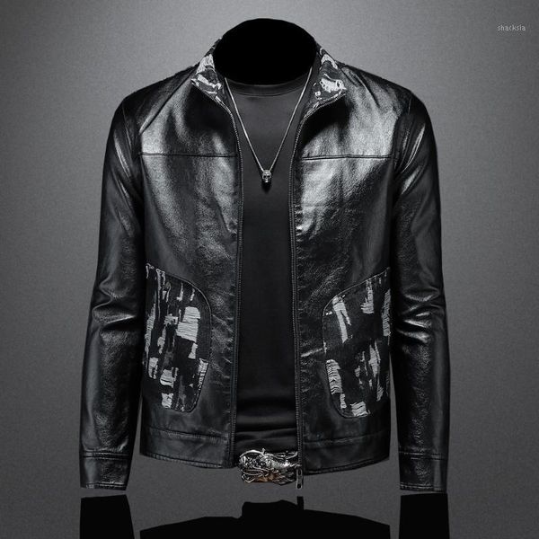

men's jackets 2021 autumn and winter denim splicing leather clothes stand collar fashion jacket py215-p100, Black;brown