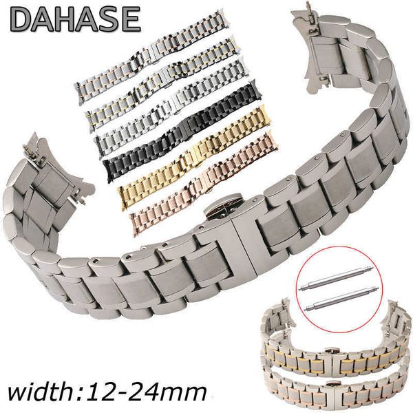 

12 14 15 16 17 18 19 20 21mm 22mm 23mm 24mm watch band stainless steel curved end watch strap butterfly buckle wristband strap h0915, Silver
