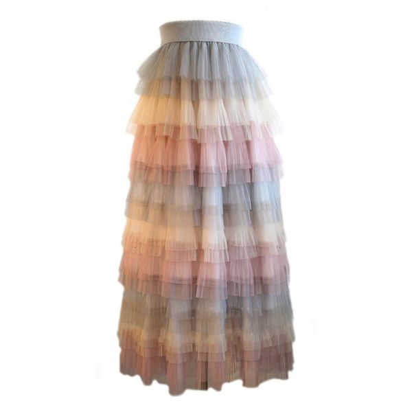 

skirts skirts spring summer fairy layered gauze elastic waist candy multi-color tiered mesh tulle mid-calf long s 3jnl, Black