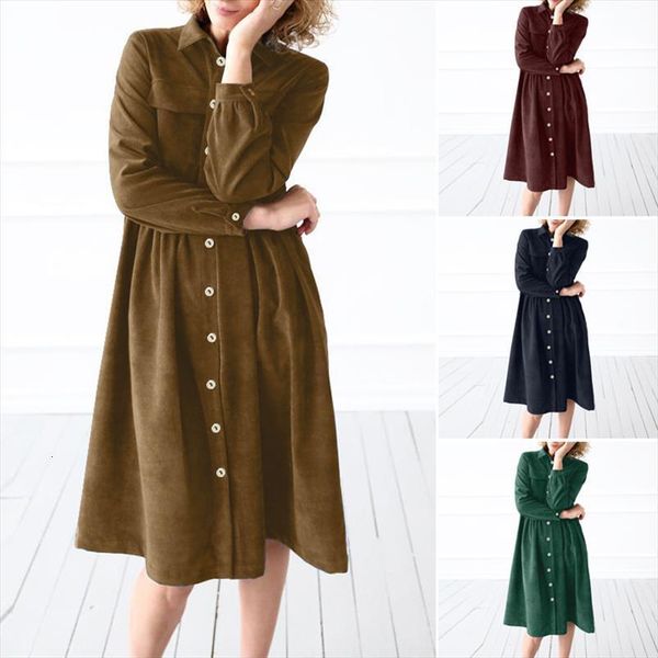 

casual sundress fashion corduroy women dresses long sleeve shirt vestidos button pleated robe femme plus size 7, Black;gray