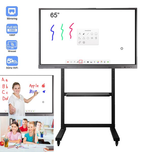Soulaca 65 Zoll interaktives intelligentes Elektronik-Whiteboard für Bildungs- und Unterrichtsräume, flaches Full-HD-LED-Bildschirmpanel mit Rollständer