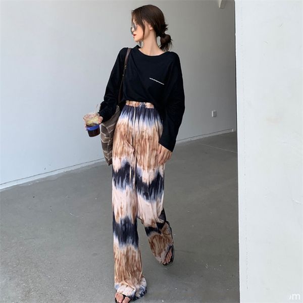 

missnight wide leg pants tie dye loose for women korean style elastic waist drawstring streetwear casual long 211007, Black;white