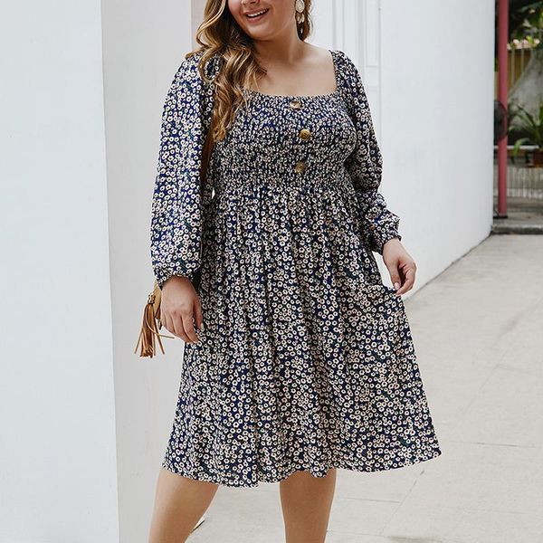 

casual dresses fashion women plus size autumn print dress arrival floral square collar vacation style button big swing beach, Black;gray