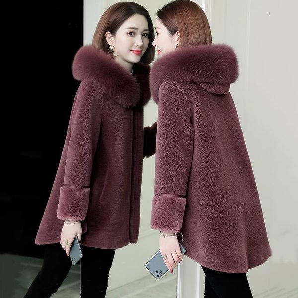 

women new winter real sheep shearing coat female casual lambswool jacket with natural fur collar hooded outerwear n254, Black