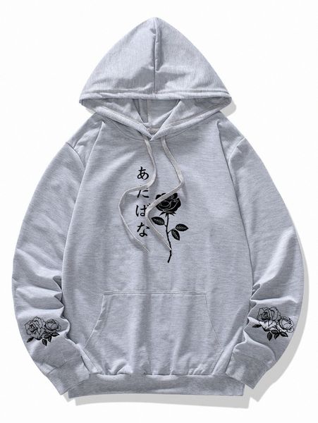 

romwe guys floral graphic kangaroo pocket drawstring hoodie 97wy#, Black