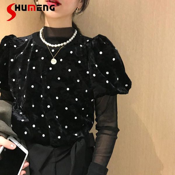 

vintage court style polka dot puff sleeve velvet t-shirt for women 2021 spring turtleneck inner mesh bottoming women's, White
