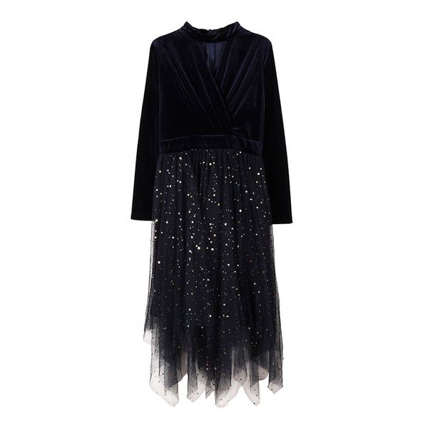 

women black navy blue velvet patchwork sequined mesh evening party dresses long sleeve asymmetrical midi dress d2165 210514, Black;gray