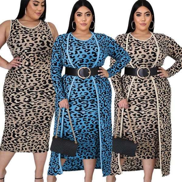 

cm.yaya plus size xl-4xl leopard print women's set long sleeve long cloak bodycon midi dress two piece matching set outfits 210708, White