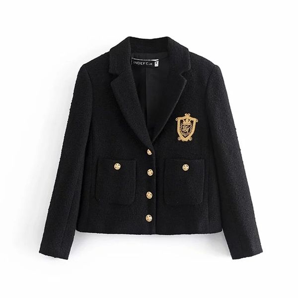 Mode Vintage College-Stil Frauen Schwarz Tweed Jacke Einreiher Tasche Langarm Weibliche Uniform Mantel Casaco Femme 210922