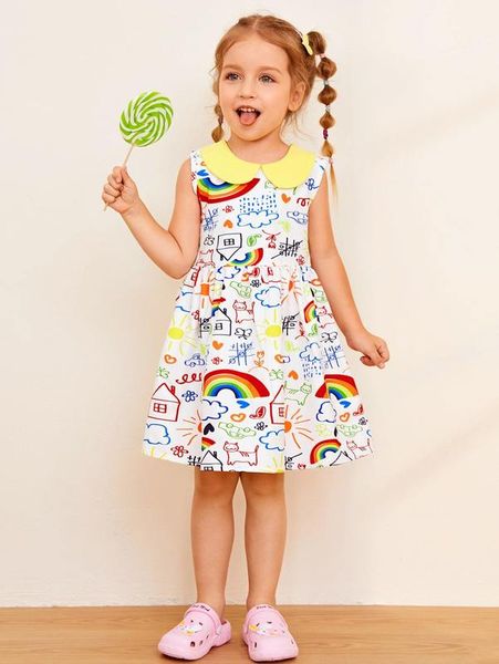 

toddler girls peter pan collar cartoon graphic dress she, Red;yellow