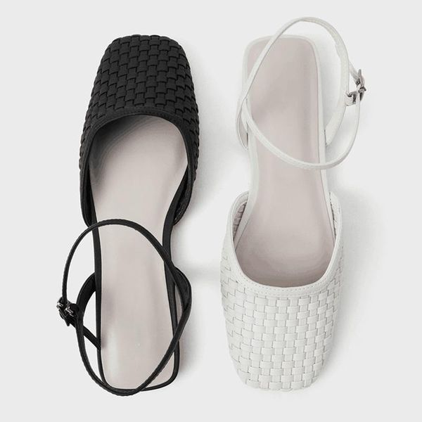 

sandals women's 2021square toe buckle female shallow mouth flat bottom low retro woven cap shoes chaussure femme, Black