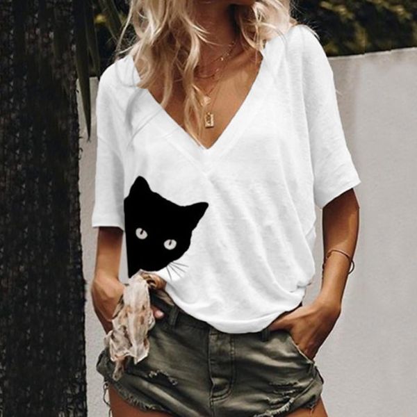 

loose v neck cat printing women t shirt letter half sleeve summer casual white haut femme