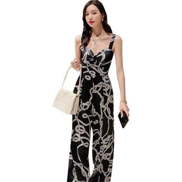 

gym clothing 2021 fashion print rope spaghetti strap bodycon jumpsuit womens vintage black bodysuit romper pants overalls, White;black