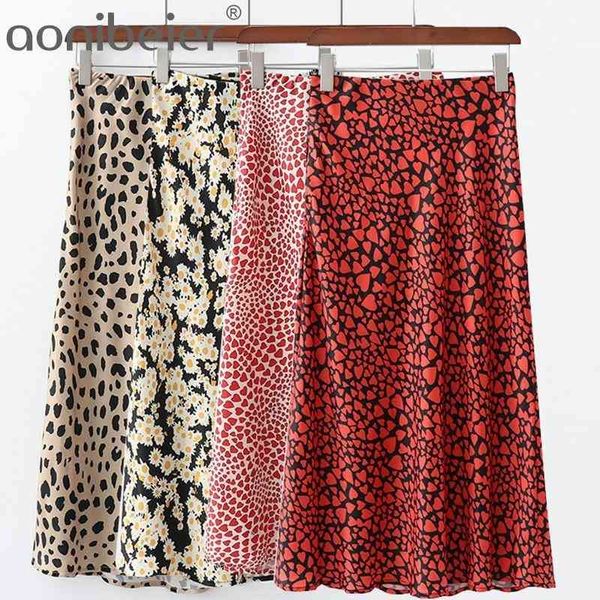 Leopard Daisy Herz Muster Sommer Elegante Satin Rock Mode Seite Zipper Frauen Hohe Taille Casual A-Line Shirt Weibliche 210604