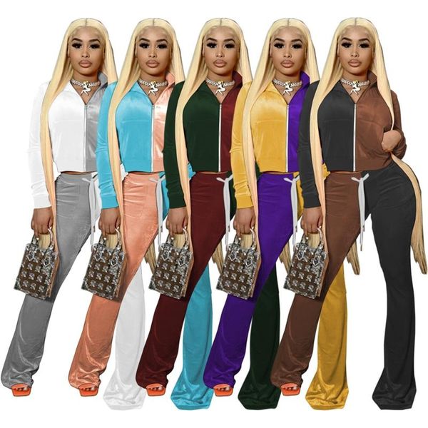 

women's two piece pants zkyzwx patchwork velvet slim 2 set for women long sleeve zip coat lace flare lounge wear matching sets, White