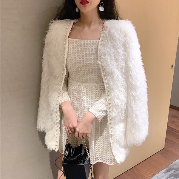 

wools female fashion fur coat from autumn winter skin cardigan wool fluffy shaggy fake thin korean jacket sweet outwear, Black