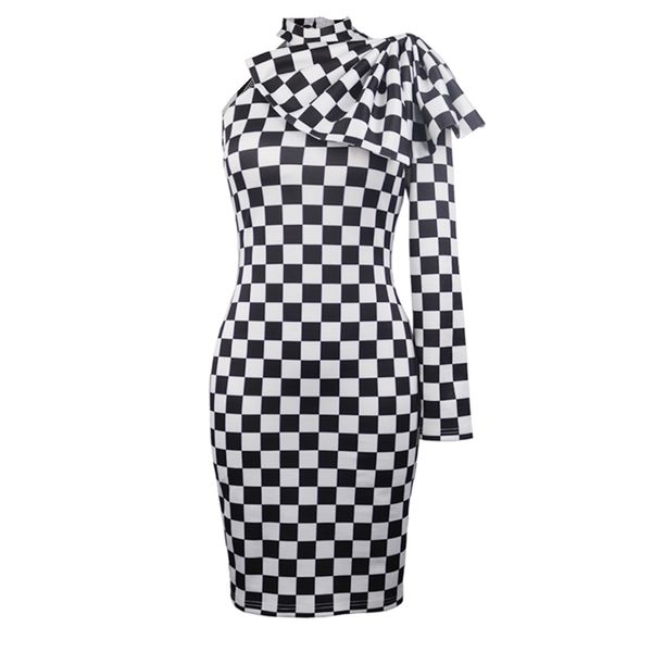 

women one shoulder bodycon dresses plaid halter long sleeve knee length evening party celebrate event robes plus size for ladies 210527, Black;gray