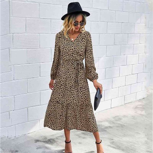 

foridol leopard print long maxi winter dress women flower print boho lantern sleeve dress v neck elegant ladies dress 210415, Black;gray