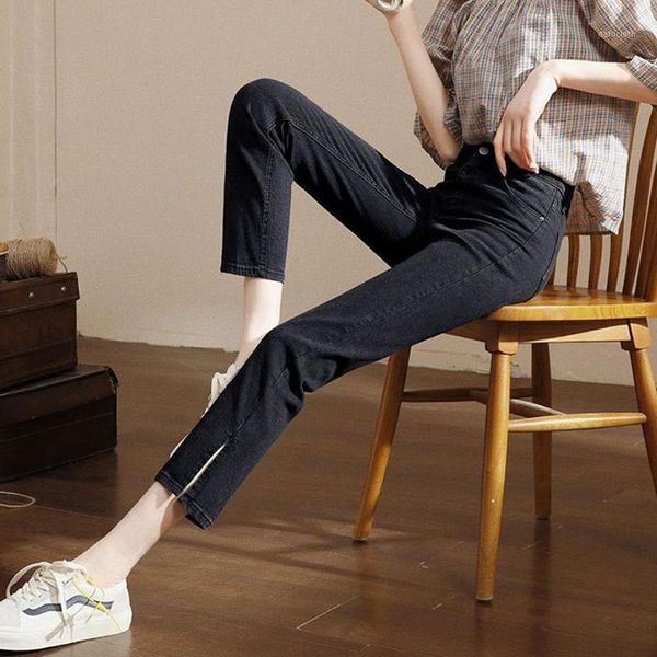 

plus size slim straight jeans women solid classical high waist side open fork denim ankle-length pants streetwear trousers women's, Blue