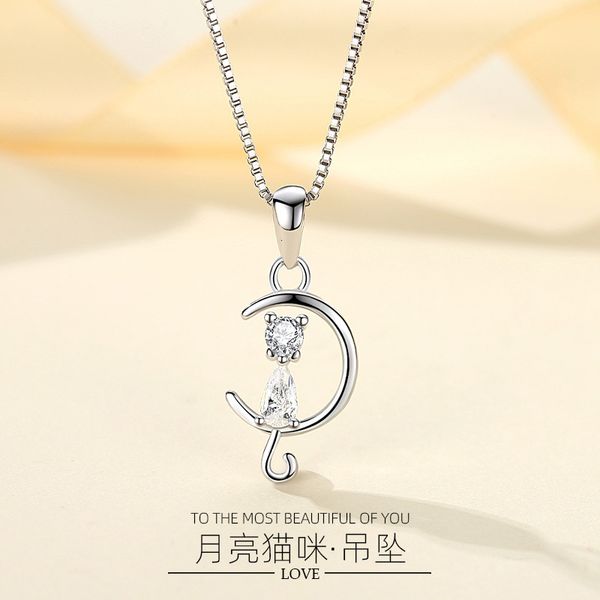 

jewelry highly quality women party wedding lovers giftsimple pure silver s925 moon cat necklace sweet pendant clavicle chain women's pr