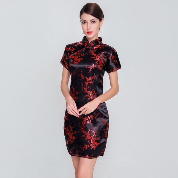 

fashion black red chinese womens satin mini cheongsam qipao dress flower plus size s  l xl xxl xxxl 4xl 5xl 6xl j4031