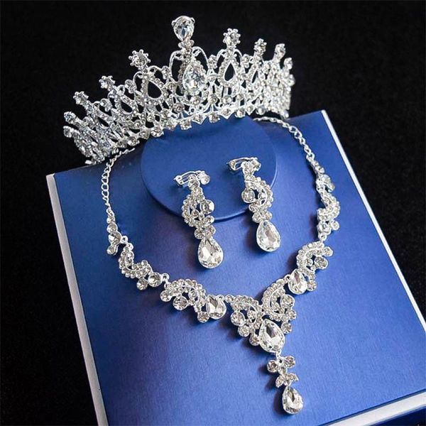 

earrings & necklace bride crown tiara three-piece wedding accessories dress jewelry princess hair set, Silver