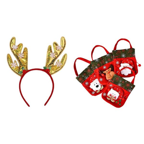 

12pcs christmas headband sequins snowflake shape with santa claus bag drawstring gift wrap