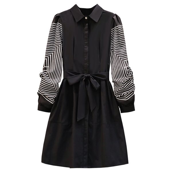 Chic Stripe Girl-Down Collar Single-Breasted Dress Painel Puff Manga Sleeve Patchwork Mulheres Saia Camisa Vestidos D3003 210514