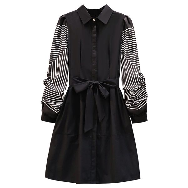 

chic stripe turn-down collar single-breasted dress panelled puff sleeve patchwork women skirt shirt dresses d3003 210514, Black;gray