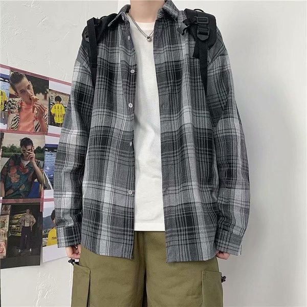 

men's dress shirts autumn ins plaid shirt korean version versatile handsome casual thin loose long sleeve, White;black
