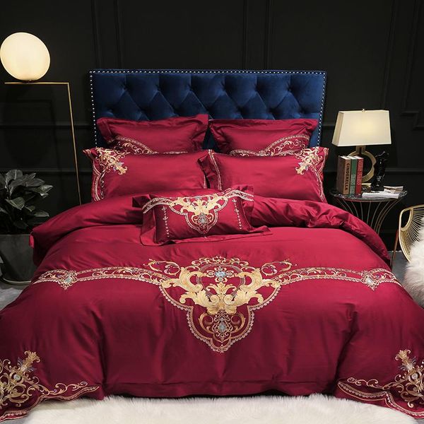 

bedding sets luxury wine red 100s egyptian cotton gold royal embroidery european wedding set duvet cover bed pillowcases sheet/linen