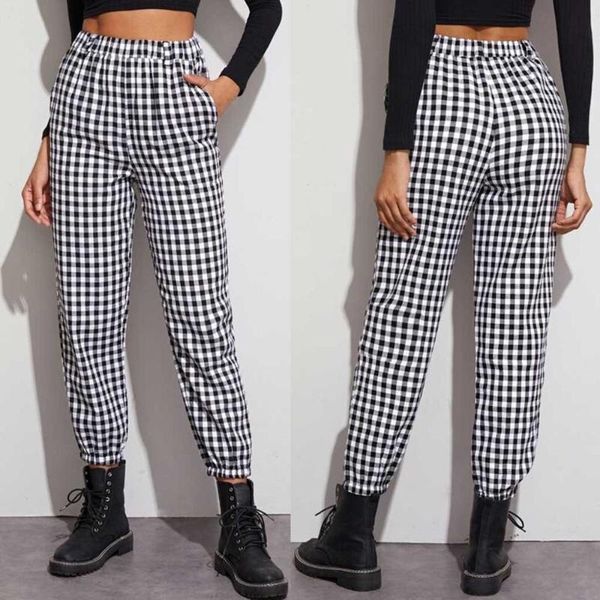

women loose long pant 2021 fashion lattice print corduroy elastic sport pants casual female pencil trousers women's & capris, Black;white