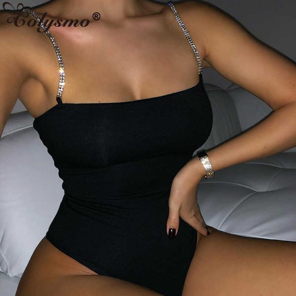 

colysmo shining diamond straps bodysuit women white summer bodyocn romper party club wear bodysuits 2 layers 210527, Black;white