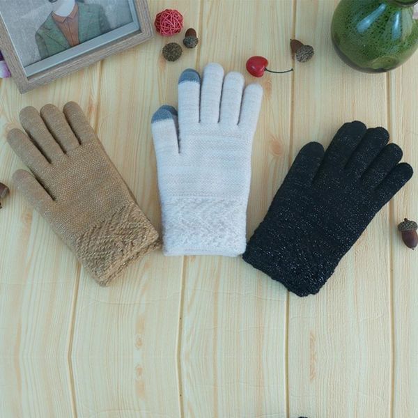 

sports gloves women's winter keep warm mittens solid color printed knitted flip solf touch vintage casual, Black