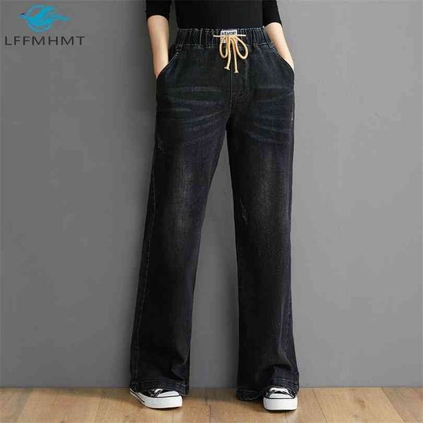 

oys 202 elastic high waist women denim pants office lady korean simple casual loose jeans female solid color vintage trousers 210924, Blue