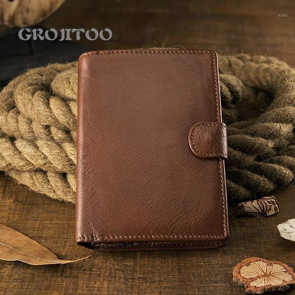 

handmade artistic vertical cowhide wallet men's short large capacity soft leather simple buckle wallets1, Red;black