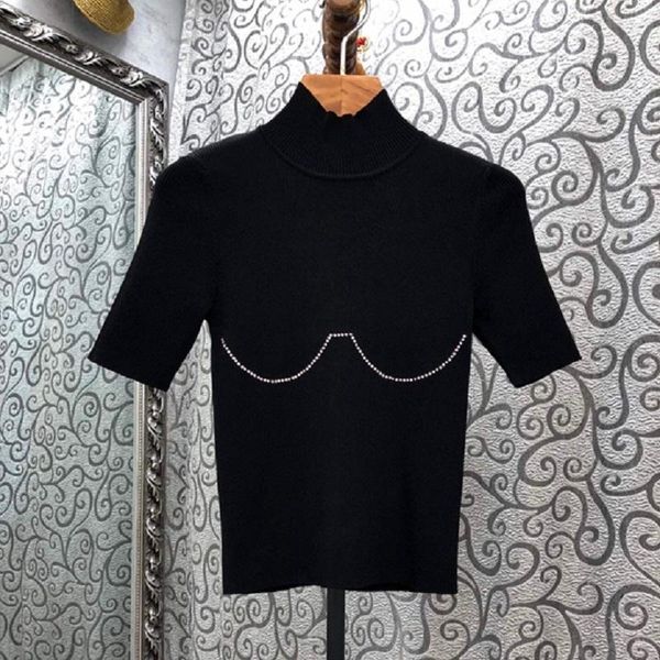 

women's sweaters 2021 autumn winter fashion pullovers women turtleneck crystal beading deco short sleeve casual basic wine red black j, White;black